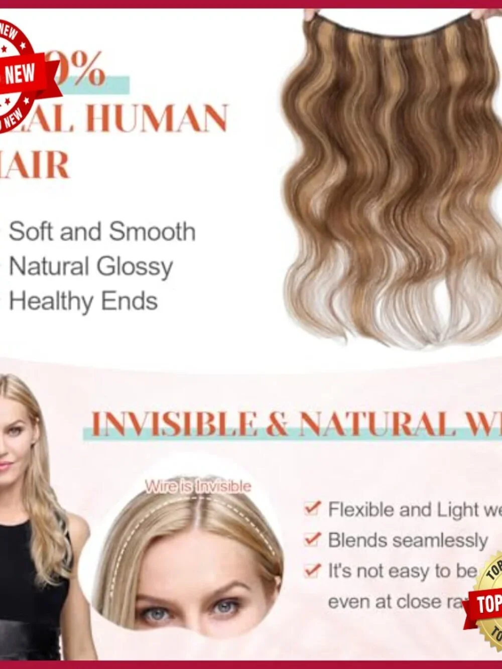 Halo Hair Extensions 100% Human Hair Wavy 16 Inch 65g Volume